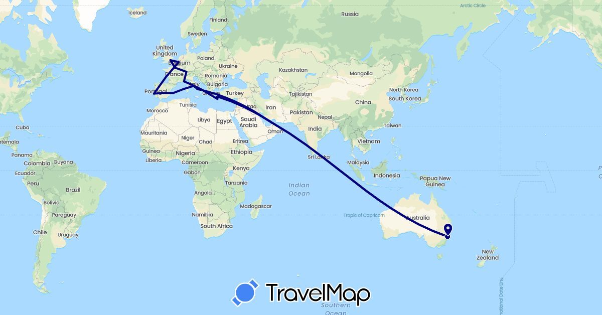 TravelMap itinerary: driving in United Arab Emirates, Australia, Belgium, Switzerland, Spain, France, United Kingdom, Greece, Italy, Portugal, Vatican City (Asia, Europe, Oceania)